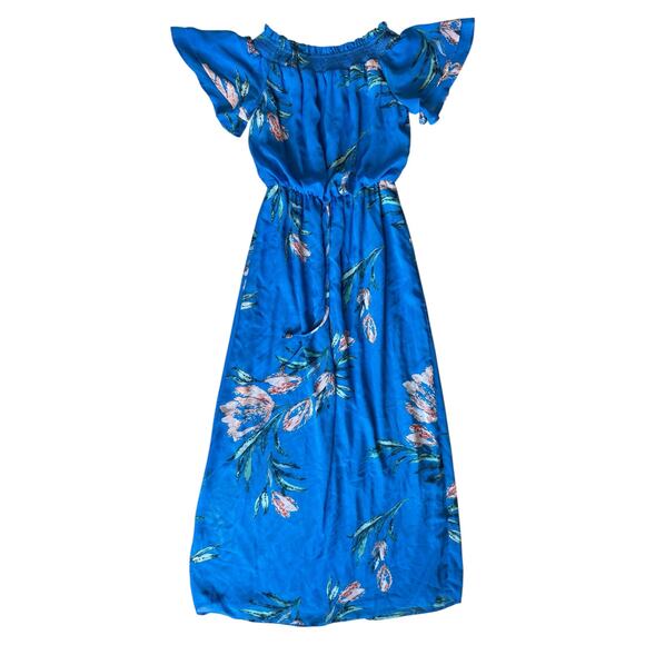 Jodi Kristopher Blue Floral Maxi Dress M Off Shoulder Flutter Sleeve Boho Summer - Picture 2 of 7